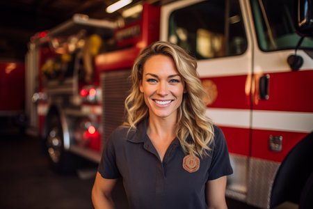 Portrait of smiling firewoman standing in front of fire engine at the fire stationの素材