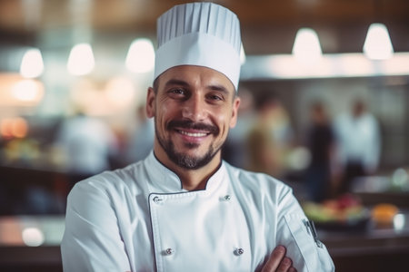 Portrait of smiling male chef standing with arms crossed in commercial kitchenの素材