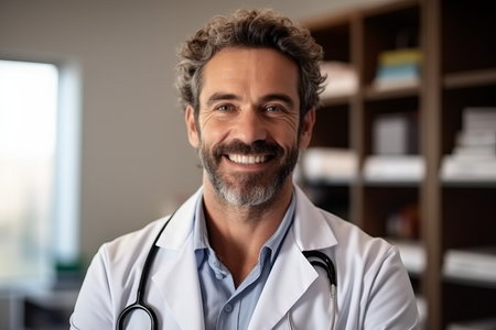 smiling male doctor with stethoscope at hospital or medical clinicの素材