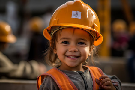Portrait of a little girl in a construction helmet with a smileの素材