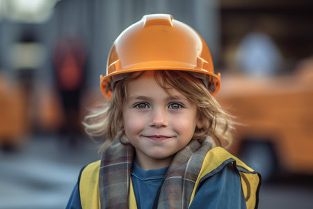 portrait of smiling little boy in hardhat looking at camera on construction siteの素材