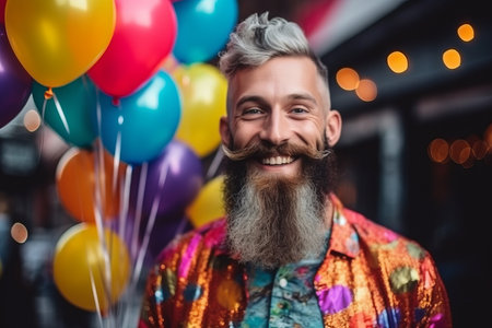 portrait of smiling bearded man with colorful balloons at birthday party in pubの素材
