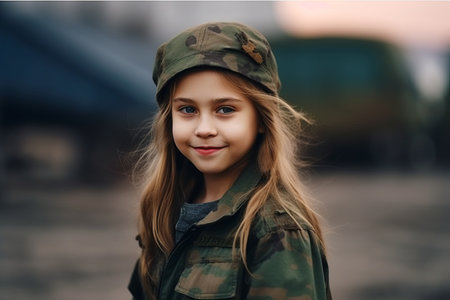 Portrait of a little girl in a military uniform on the street.の素材