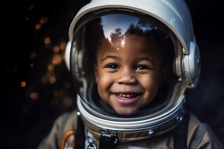Portrait of a cute little boy wearing a space suit and smilingの素材