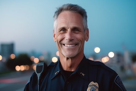 Portrait of smiling mature police officer with microphone in city at nightの素材