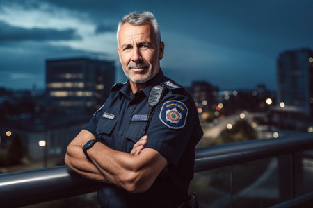 Portrait of mature security guard with arms crossed on urban background.の素材
