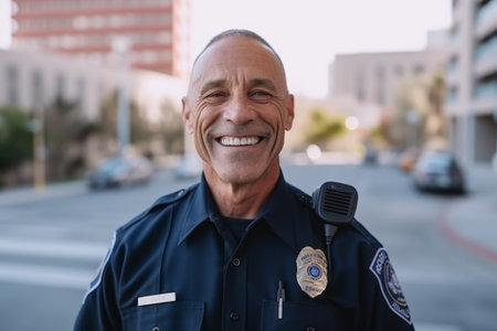 Portrait of mature police officer smiling at camera while standing in streetの素材