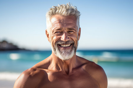 Portrait of smiling senior man standing on beach on a sunny dayの素材