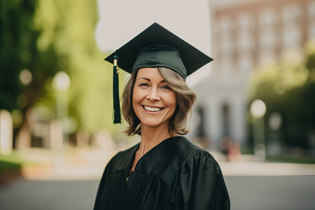 portrait of smiling senior woman in graduation cap looking at camera on campusの素材