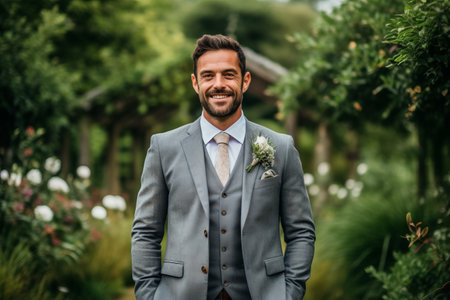 Portrait of a handsome groom in a green suit with a bouquet of flowers.の素材