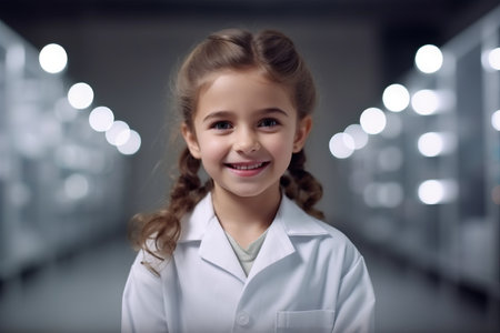 Cute little girl in white lab coat looking at camera and smilingの素材