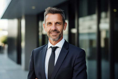 Portrait of smiling mature businessman standing with arms crossed outside office buildingの素材