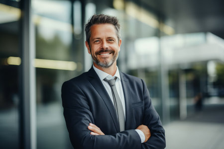 Portrait of confident mature businessman standing with arms crossed outside office buildingの素材