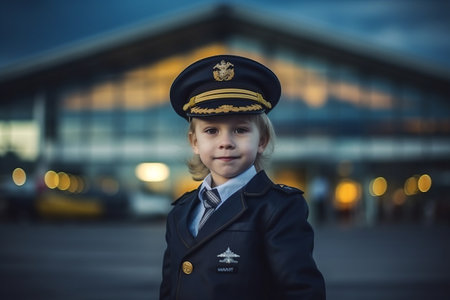 Portrait of a little girl in the form of a pilot on the background of the airportの素材