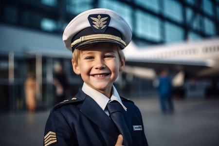 Portrait of smiling boy in pilot's uniform standing in airport terminalの素材