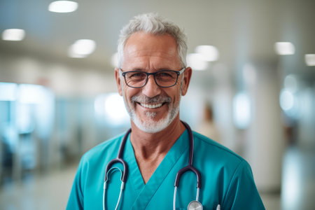 Portrait of senior doctor with stethoscope standing in hospital corridorの素材