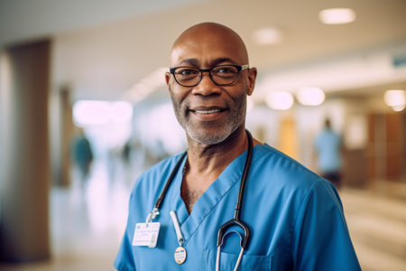 Portrait of smiling senior doctor with stethoscope at hospital corridorの素材