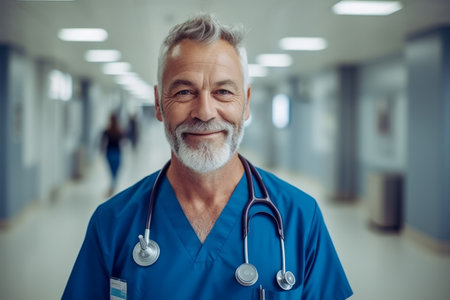 Portrait of senior doctor with stethoscope in corridor at hospitalの素材