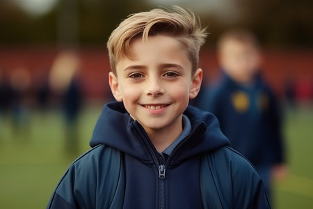 Portrait of smiling boy in sportswear standing on football fieldの素材