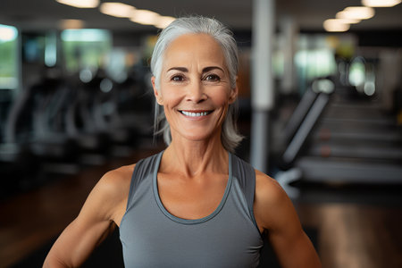 Portrait of smiling senior woman standing in fitness center and looking at cameraの素材