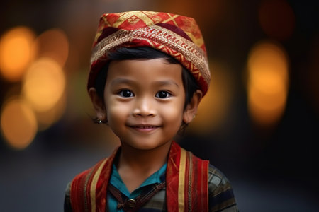 Portrait of a cute little Asian boy in traditional clothes.の素材