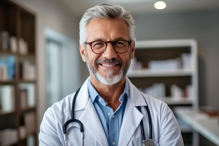 Portrait of senior male doctor with stethoscope looking at cameraの素材