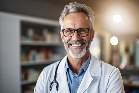 Portrait of smiling senior doctor in eyeglasses standing in his officeの素材
