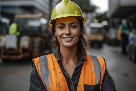 Portrait of female worker in hardhat smiling at camera in warehouseの素材