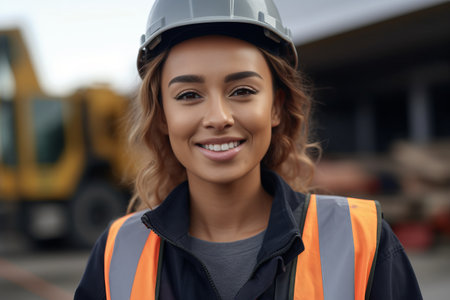 Portrait of smiling female worker in safety vest and helmet standing outdoorsの素材