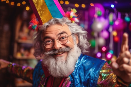 Portrait of cheerful senior man in clown costume making selfie photo on partyの素材