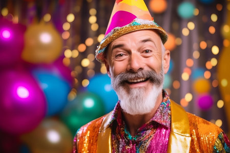 Portrait of a smiling senior man with party hat and colorful balloonsの素材
