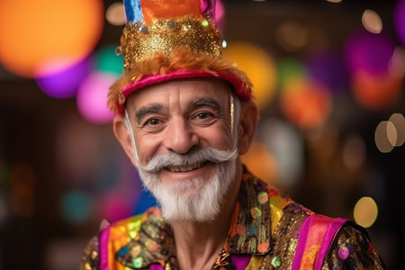 Portrait of a senior man wearing clown costume at a carnivalの素材