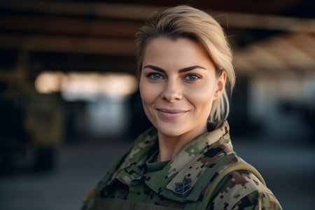 Portrait of beautiful young woman in military uniform smiling and looking at cameraの素材
