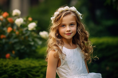 Portrait of a beautiful little girl with long curly hair in a white dress.の素材