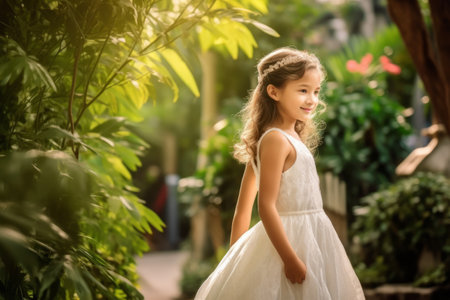 Cute little girl in white dress posing in the garden. Select focus.の素材
