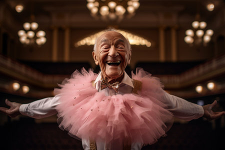Portrait of a senior woman in a pink tutu dancing.の素材