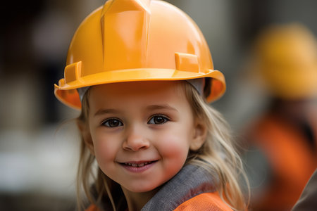 Portrait of a cute little girl in a construction helmet on a building siteの素材