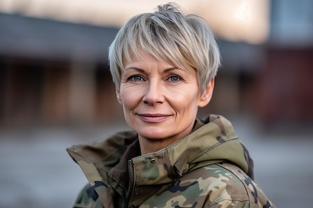 Portrait of a beautiful mature woman with short blond hair wearing a military jacketの素材