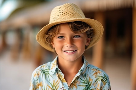 Portrait of cute little boy in straw hat and summer shirt at beachの素材