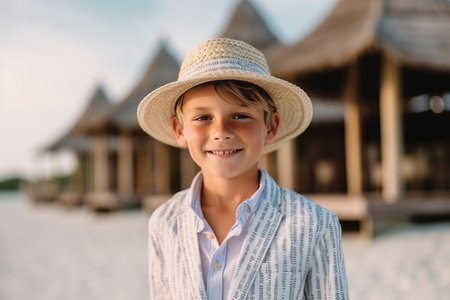 Adorable little boy on tropical beach at Maldives during summer vacationの素材