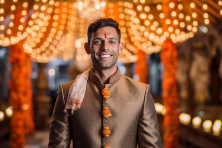 Handsome Indian man in traditional costume smiling at the camera.の素材