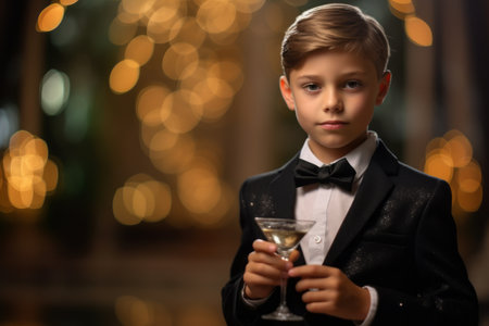 cute little boy in suit and bow tie with martini glassの素材