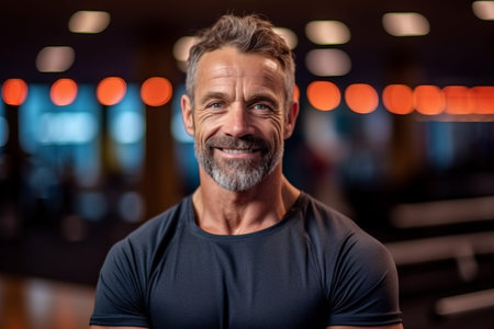 Portrait of a handsome middle-aged man smiling in bowling clubの素材
