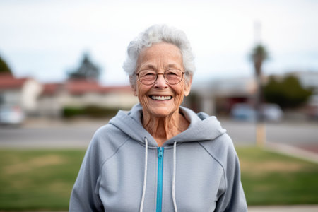 happy senior woman in sportswear and eyeglasses smiling at cameraの素材