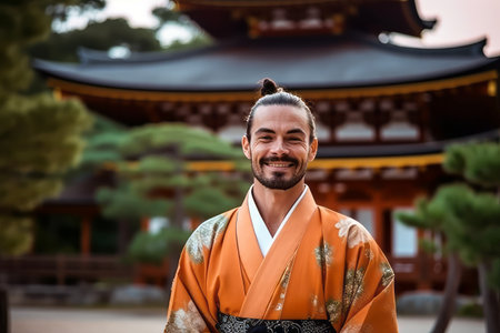 Handsome man in kimono in front of japanese templeの素材