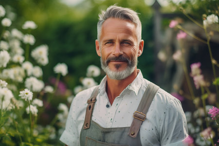 Portrait of a handsome mature man standing in a flower bed.の素材