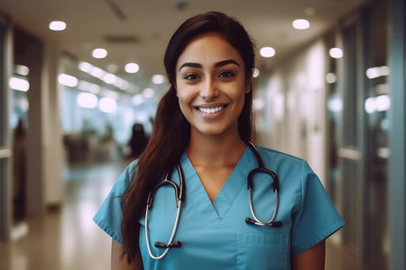 Portrait of a smiling female nurse with stethoscope in hospital corridorの素材