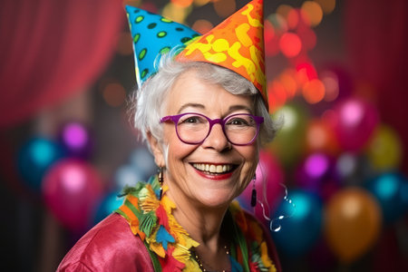Portrait of happy senior woman with birthday hat and glasses on blurred backgroundの素材