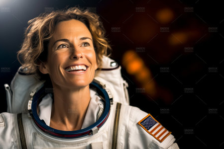 Portrait of smiling woman wearing space suit against black background with hexagonsの素材