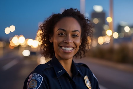 portrait of smiling african american police woman in city at nightの素材